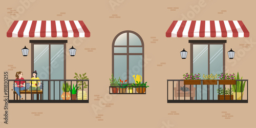House facade with balconies and windows. Two friends sitting on the balcony and talking. Window with flowers and a watering can. Veranda with an armchair and plants. Canopy from bad weather. Vector
