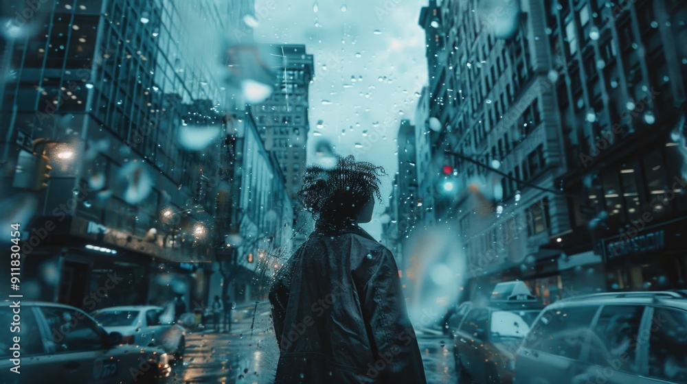 A person stands alone in the rain on a city street A person stands alone in the rain on a city street