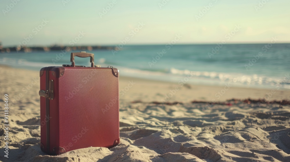 Modern maroon suitcase in the sand, in front of a beach, generative ai Modern maroon suitcase in the sand, in front of a beach, generative ai