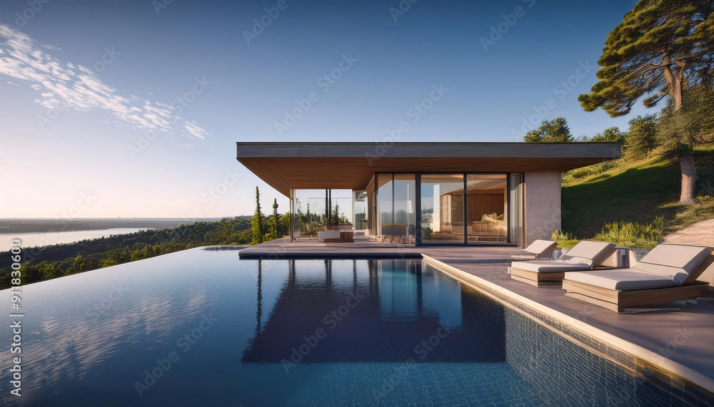 Fototapeta premium Luxurious cliffside villa with infinity pool overlooking a serene ocean