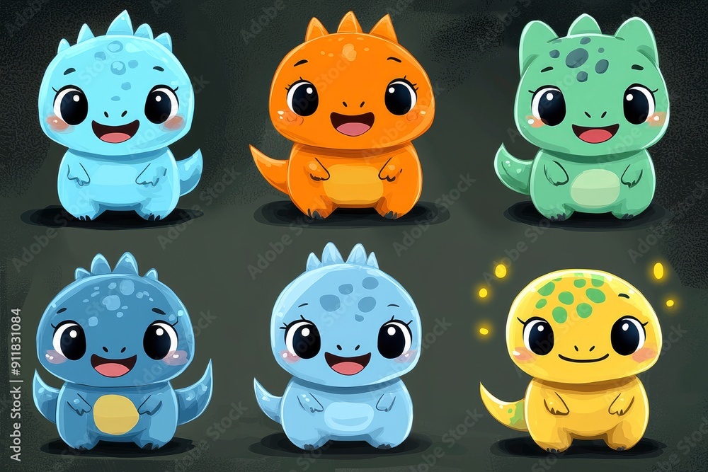 Obraz premium Adorable Cartoon Dinosaur Characters Set