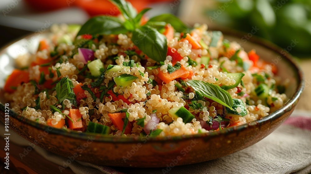 This refreshing scene captures the essence of health with fluffy quinoa grains mixed with a variety of fresh vegetables, aromatic herbs, and a zesty lemon vinaigrette This refreshing scene captures the essence of health with fluffy quinoa grains mixed with a variety of fresh vegetables, aromatic herbs, and a zesty lemon vinaigrette