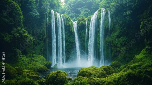nature retreat oasis, a beautiful waterfall flows over mossy rocks, creating a peaceful atmosphere for nature therapy retreats, with rejuvenating sounds of nature