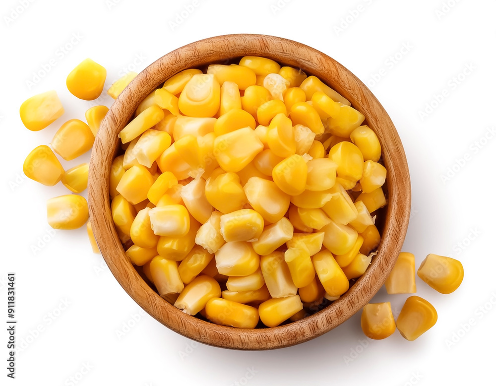 corn slices in wooden bowl isolated on white background corn slices in wooden bowl isolated on white background