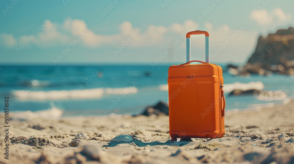 Modern orange suitcase in the sand, in front of a beach, generative ai