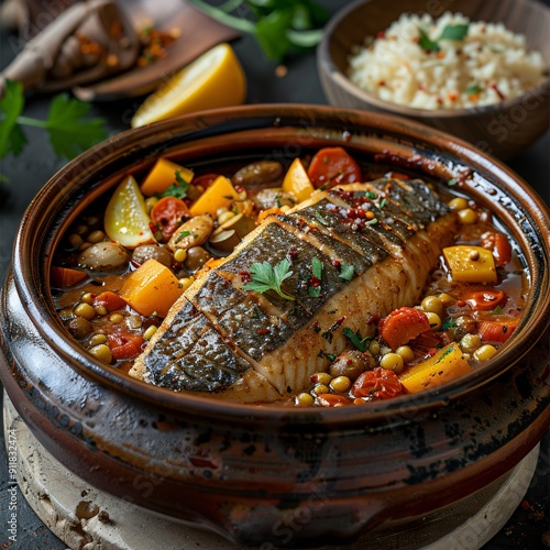 Delicious Fish Stew with Vegetables in a Clay Pot photo