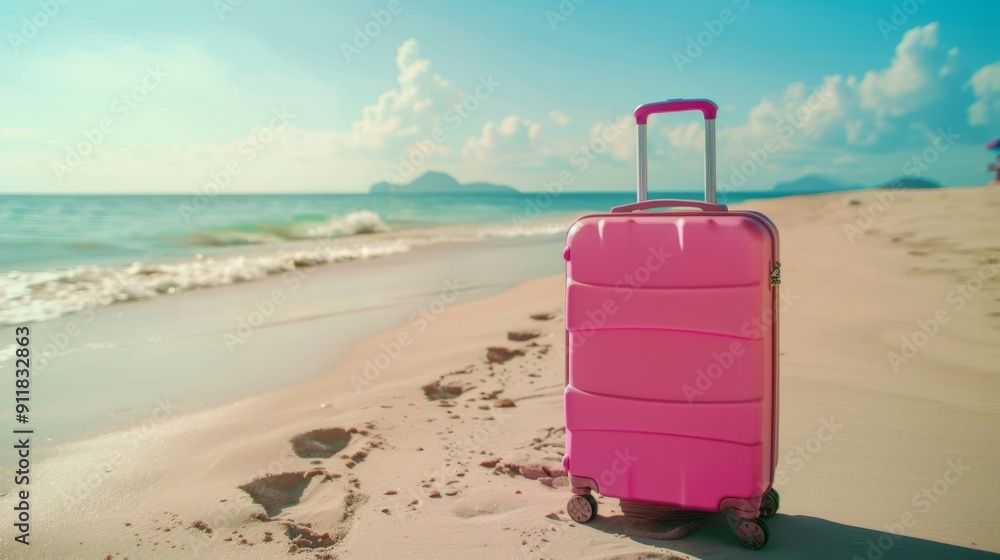 Modern pink suitcase in the sand, in front of a beach, generative ai Modern pink suitcase in the sand, in front of a beach, generative ai