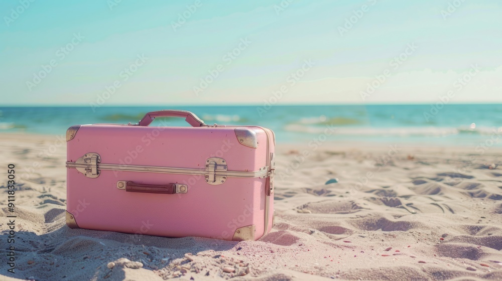 Modern pink suitcase in the sand, in front of a beach, generative ai Modern pink suitcase in the sand, in front of a beach, generative ai