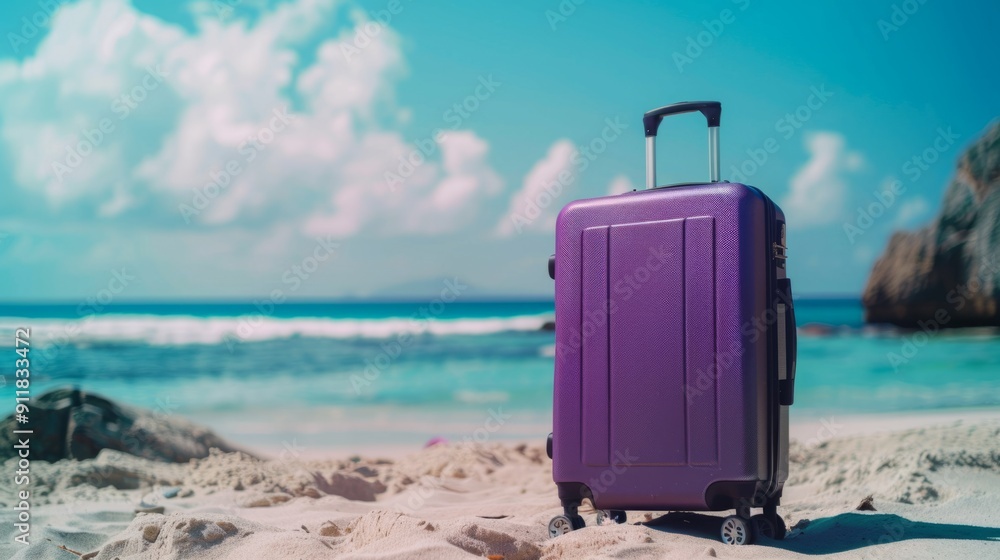 Modern purple suitcase in the sand, in front of a beach, generative ai Modern purple suitcase in the sand, in front of a beach, generative ai
