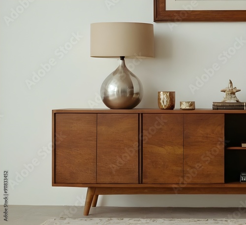  Wooden cabinet and accessories decor in living room interior on empty white wall background.