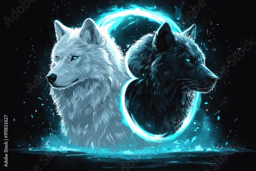White and Black Wolves in a Mystical Circle of Light