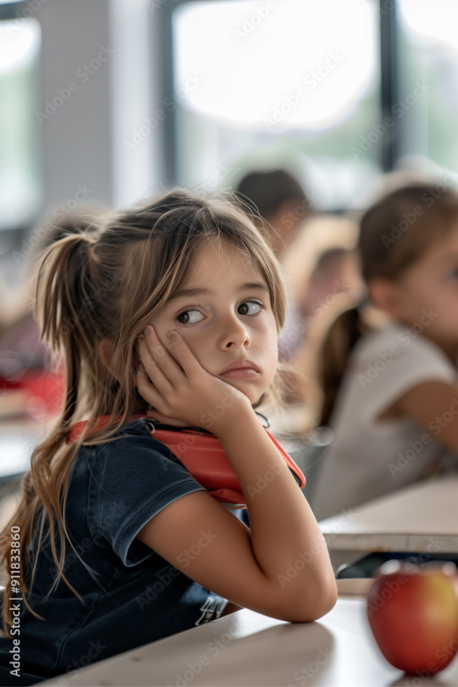 A girl in a classroom bored in with her hand on her chin A girl in a classroom bored in with her hand on her chin