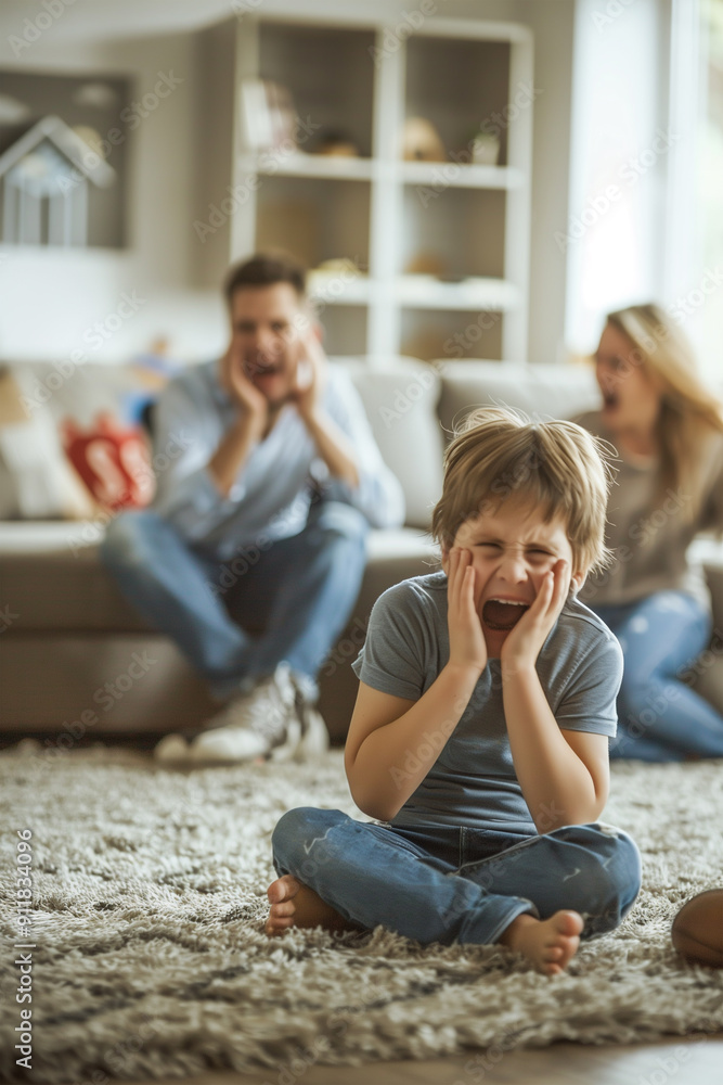 A sad child worried about family violence, his parents fighting, yelling and arguing in the background. A sad child worried about family violence, his parents fighting, yelling and arguing in the background.
