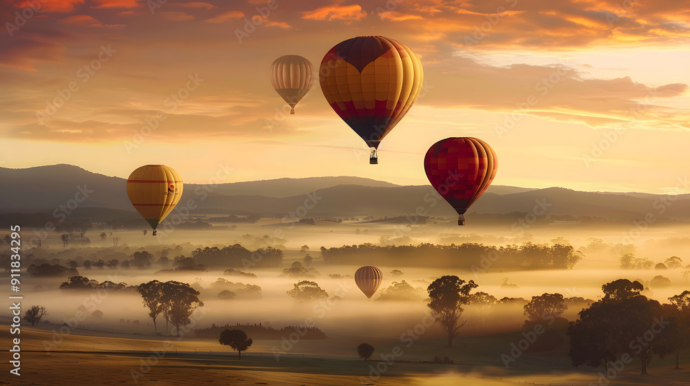 Naklejka premium Colorful hot air balloons ascend. Golden sunrise paints sky. Rolling hills provide picturesque backdrop. 