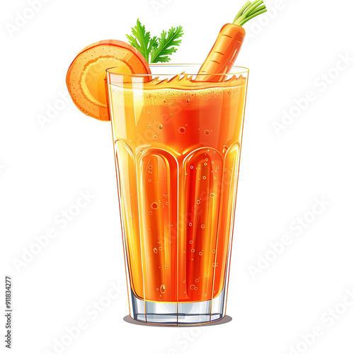 A refreshing carrot juice drink garnished with a slice of orange and a carrot, perfect for healthy lifestyles and summer vibes. photo