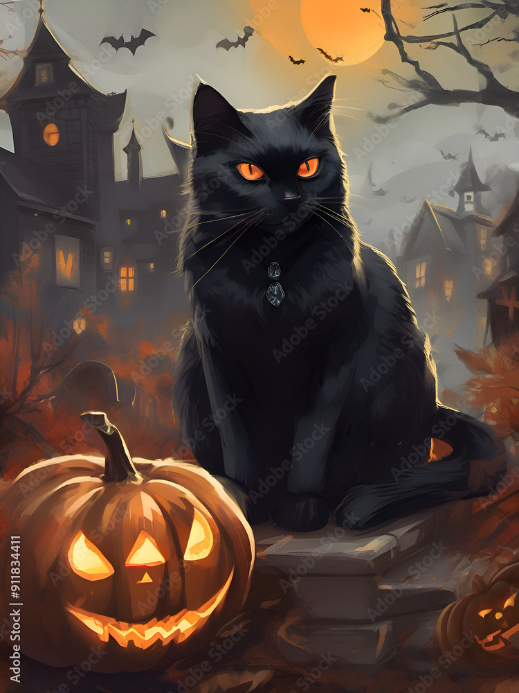 Halloween, witch Cat Illustration,spooky,empty space,3D Halloween, witch Cat Illustration,spooky,empty space,3D