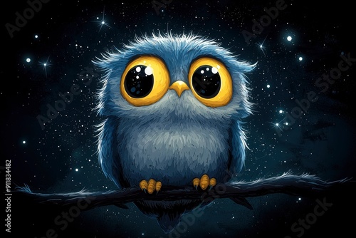 Adorable Owl with Big Eyes in the Night Sky
