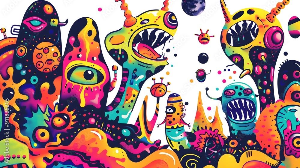 Funky Abstract Aliens Exploring Wacky Planet on Shirt Design with White Background Funky Abstract Aliens Exploring Wacky Planet on Shirt Design with White Background
