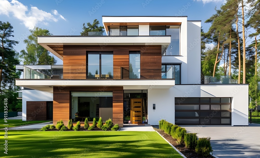 Modern two-story house with white walls and wooden accents, large ...