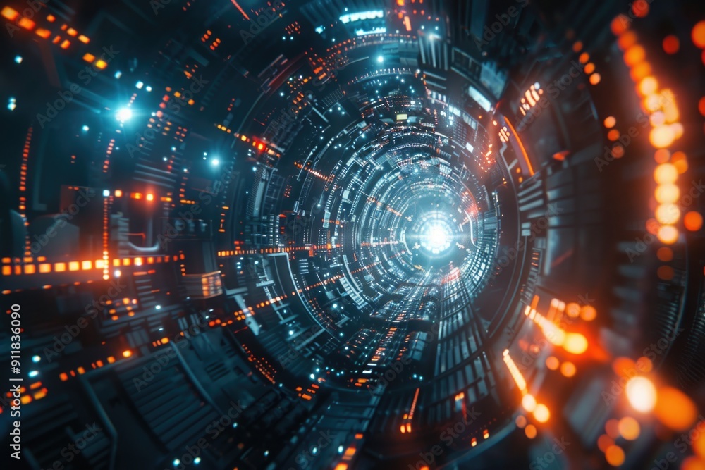 A futuristic tunnel with glowing lights in the middle, perfect for use as a background or illustration A futuristic tunnel with glowing lights in the middle, perfect for use as a background or illustration