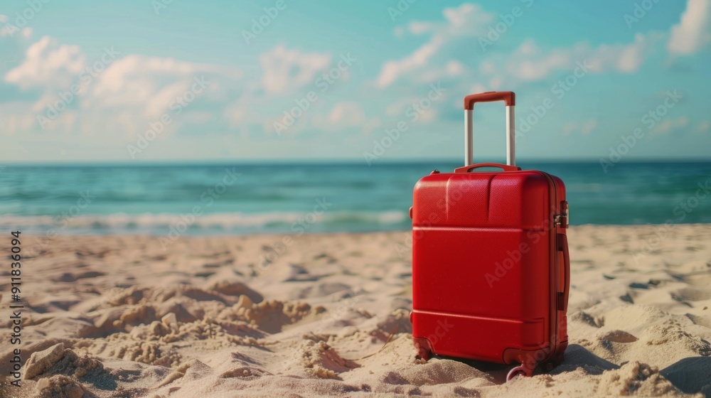 Modern red suitcase in the sand, in front of a beach generative ai
