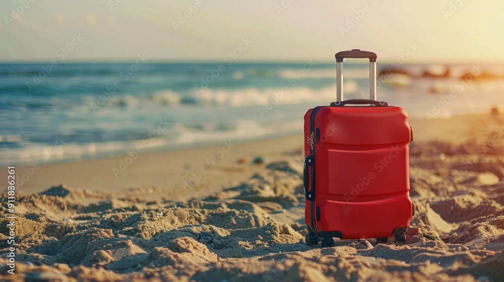 Modern red suitcase in the sand, in front of a beach generative ai