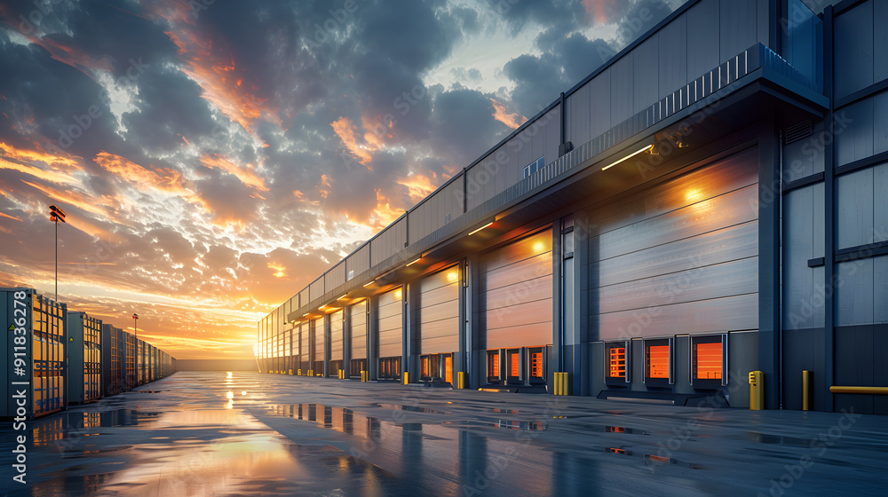 Early morning sunrise casts warm glow on vast modern gray warehouse distribution facility with rows of stacked shipping containers and tall loading dock doors. Early morning sunrise casts warm glow on vast modern gray warehouse distribution facility with rows of stacked shipping containers and tall loading dock doors.