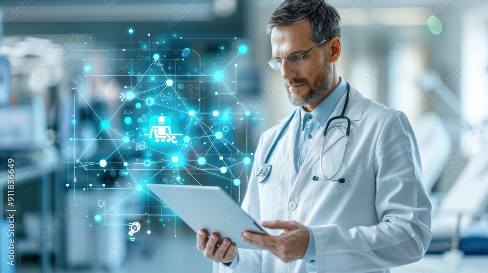 A doctor in a white coat uses a digital tablet in a modern hospital setting with medical technology overlays. A doctor in a white coat uses a digital tablet in a modern hospital setting with medical technology overlays.
