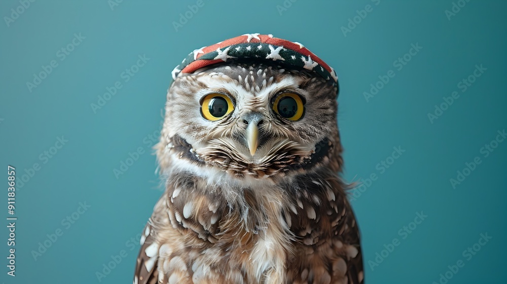 Dapper Owl With Patriotic American Star Hat In Minimalist Realism Style Dapper Owl With Patriotic American Star Hat In Minimalist Realism Style