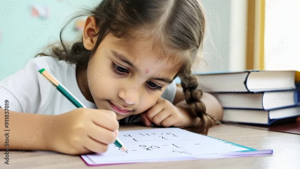 Child Concentrating on Mathematics Homework at a Study Desk Generative AI Child Concentrating on Mathematics Homework at a Study Desk Generative AI
