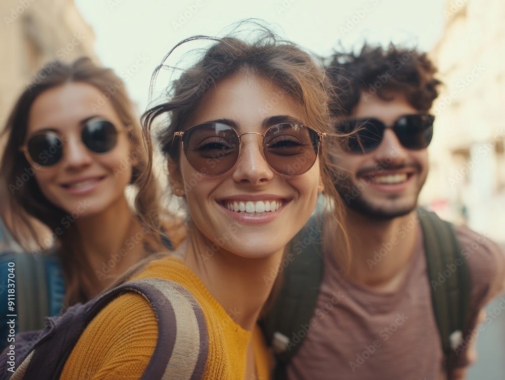 A group of young people standing next to each other, smiling and laughing A group of young people standing next to each other, smiling and laughing