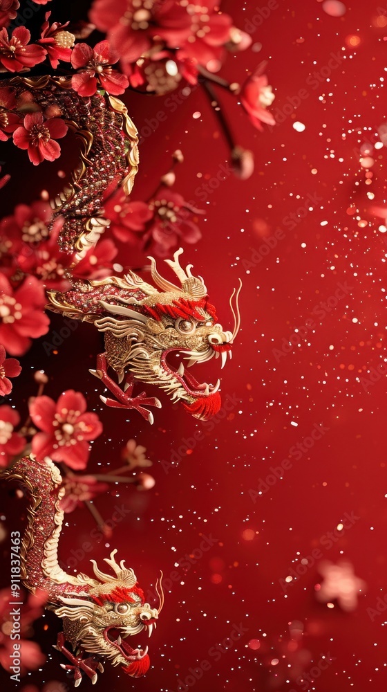 Golden dragon figurine with red flowers and bokeh on red background. Golden dragon figurine with red flowers and bokeh on red background.