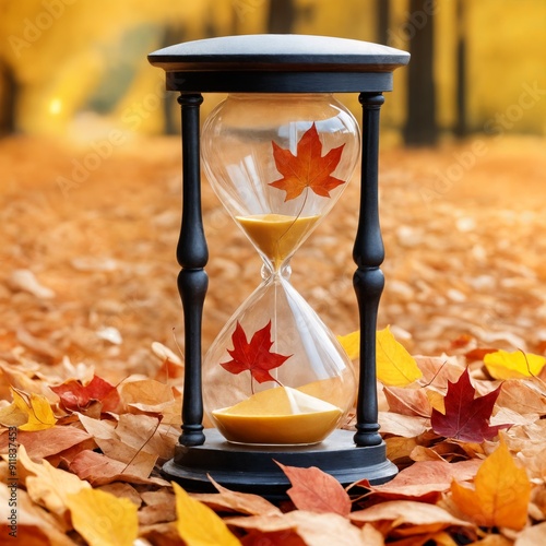 hourglass with a black rim and a brown face, sitting on top of a pile of autumn leaves. photo