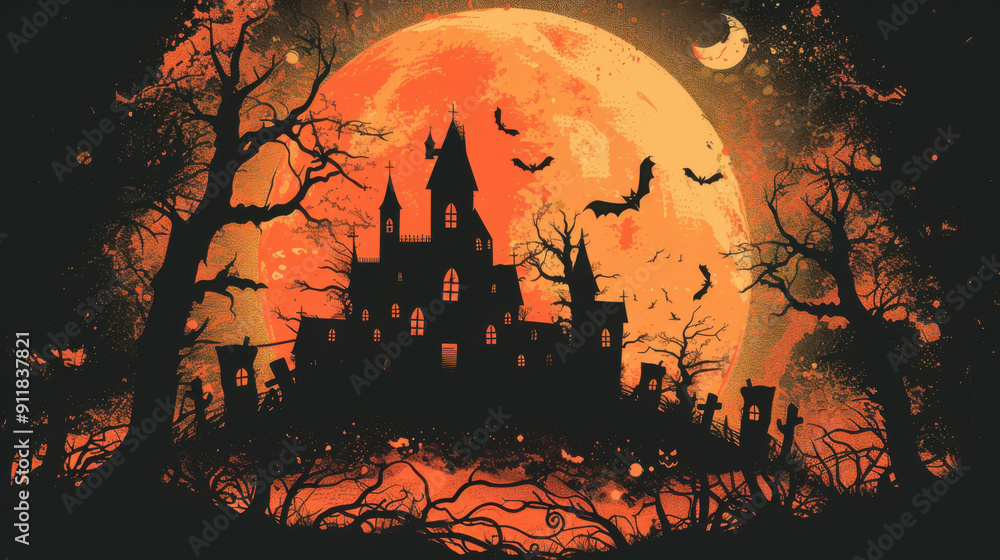 A spooky haunted castle with a full moon background, featuring bats, eerie trees, and a graveyard setting. A spooky haunted castle with a full moon background, featuring bats, eerie trees, and a graveyard setting.