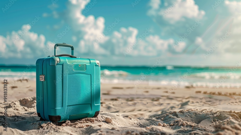 Modern teal suitcase in the sand, in front of a beach generative ai Modern teal suitcase in the sand, in front of a beach generative ai