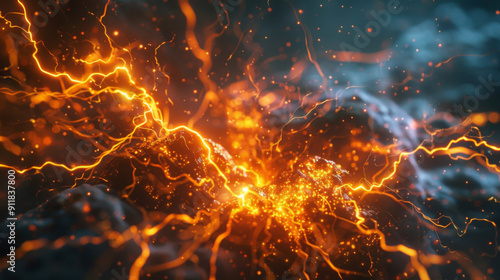 Abstract image of bright orange electric sparks illuminating a dark background, creating a dynamic and energetic scene.