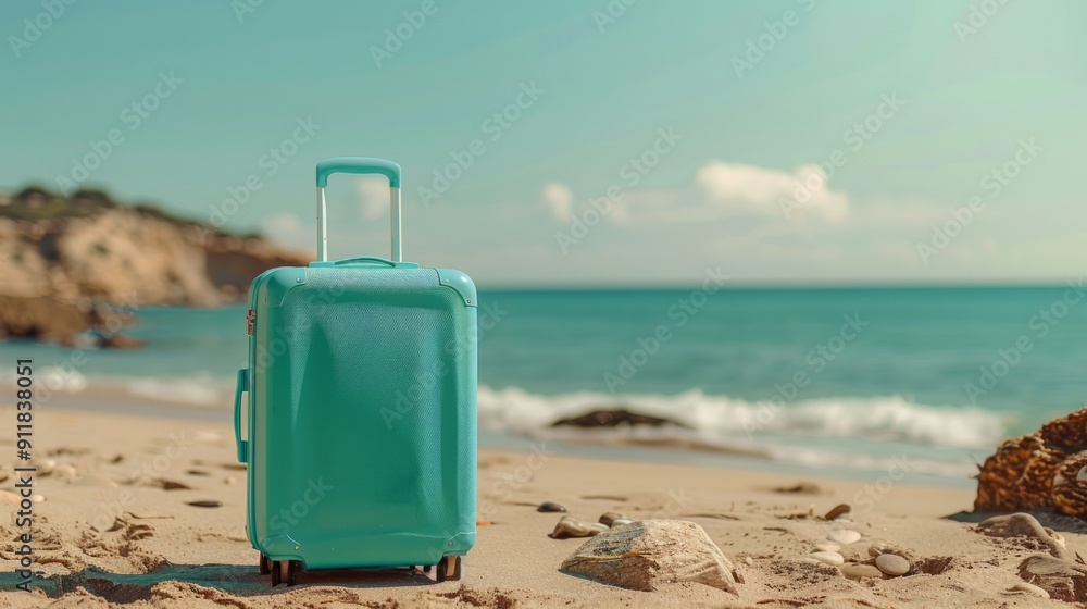 Modern teal suitcase in the sand, in front of a beach generative ai Modern teal suitcase in the sand, in front of a beach generative ai