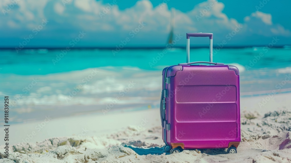 Modern violet suitcase in the sand, in front of a beach, generative ai Modern violet suitcase in the sand, in front of a beach, generative ai