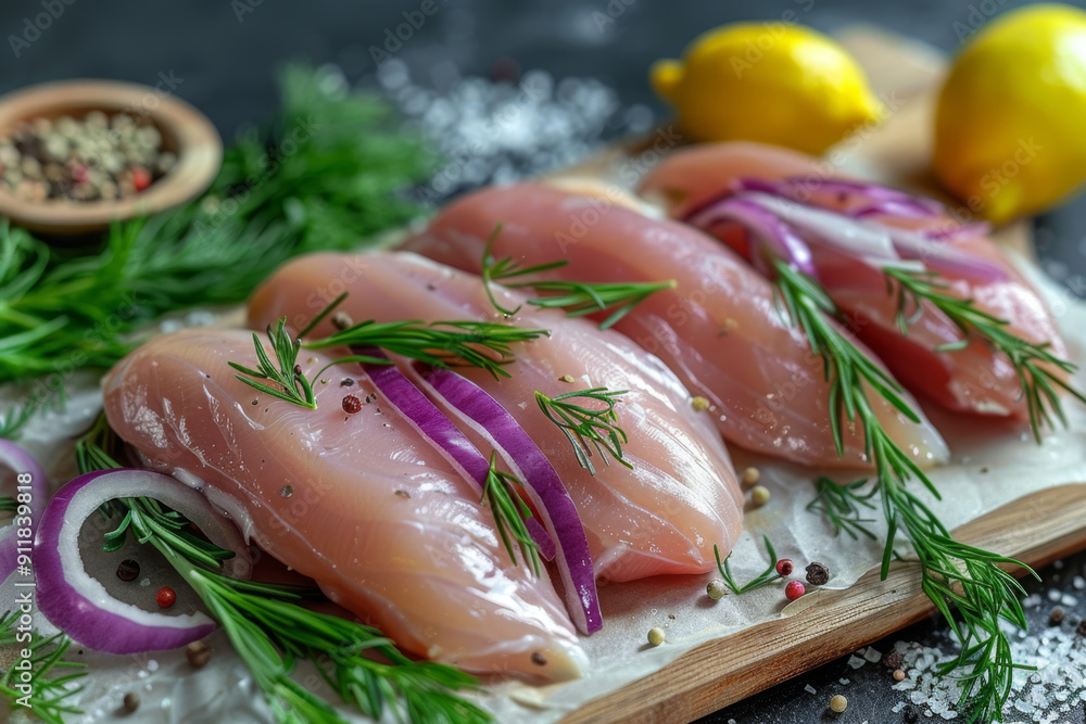 Raw chicken fillet with fresh rosemary and red onion. Raw chicken fillet with fresh rosemary and red onion.