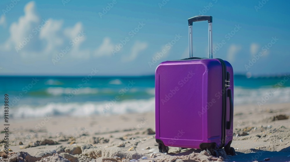 Modern violet suitcase in the sand, in front of a beach, generative ai Modern violet suitcase in the sand, in front of a beach, generative ai
