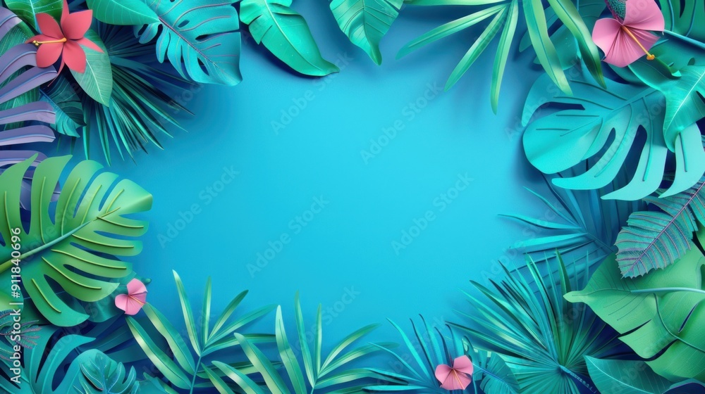 Tropical Leaves Border on Blue Background. Tropical Leaves Border on Blue Background.