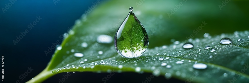 single, clear, raindrop resting on a leaf. The raindrop is translucent, allowing us to see the green of the leaf through it.