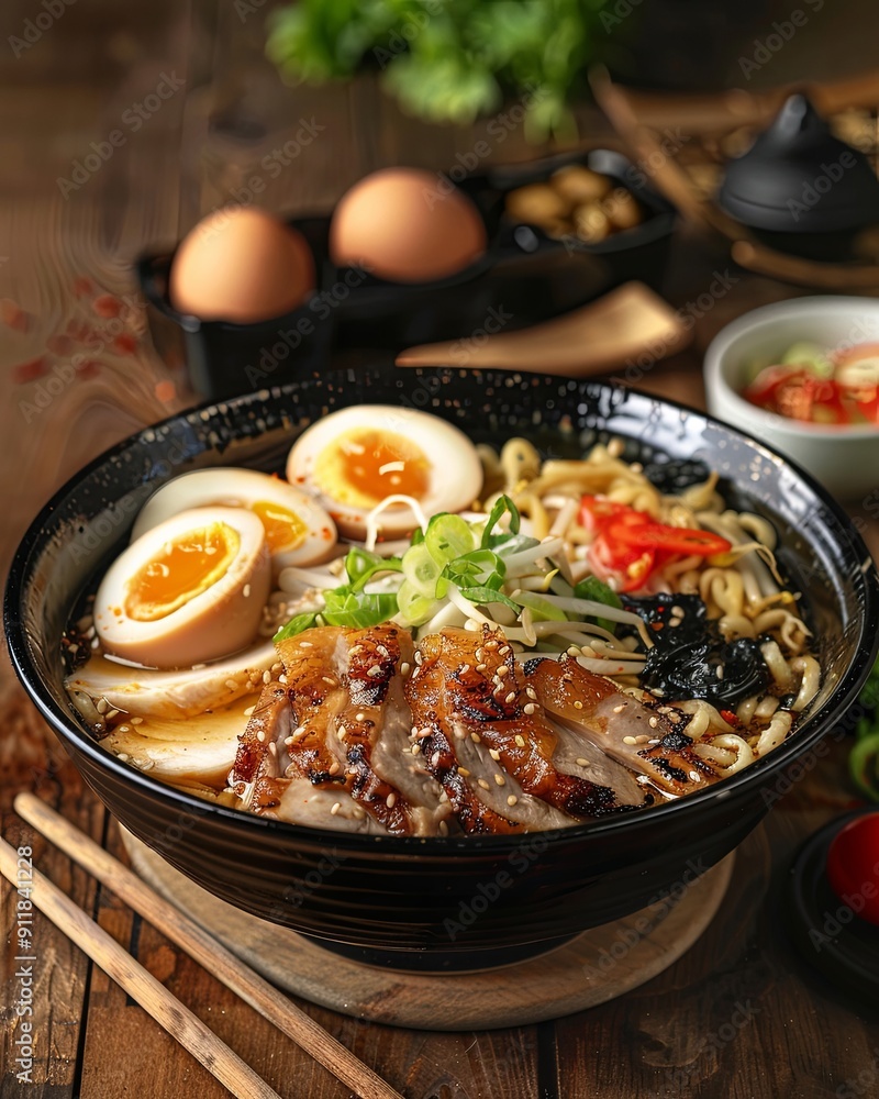 Traditional ramen with jerked pork or chicken. With udon or ramen noodles Traditional ramen with jerked pork or chicken. With udon or ramen noodles