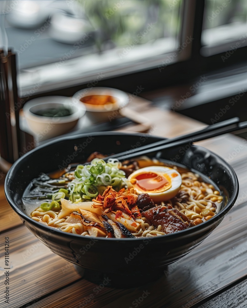 Traditional ramen with jerked pork or chicken. With udon or ramen noodles Traditional ramen with jerked pork or chicken. With udon or ramen noodles