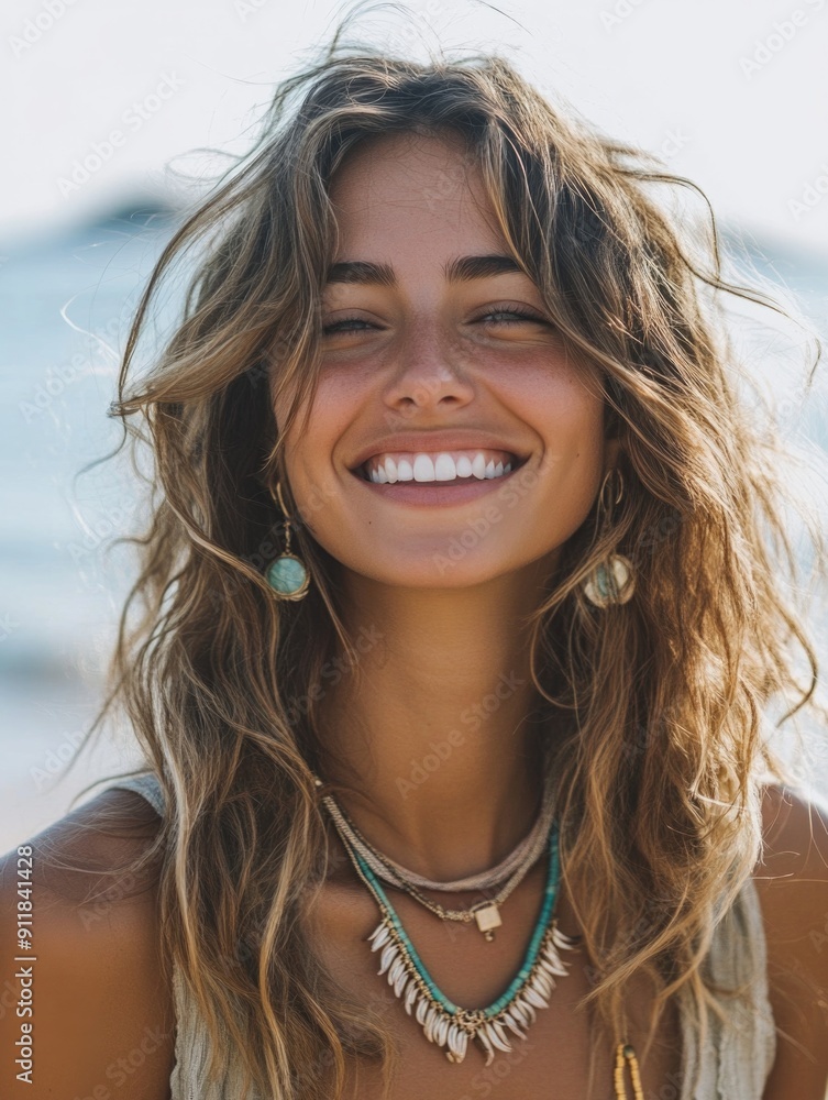 A personable young woman stands at the edge of the ocean, enjoying the scenic view A personable young woman stands at the edge of the ocean, enjoying the scenic view