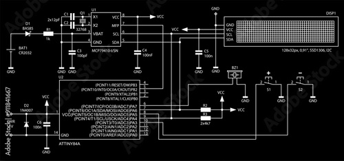 Schematic diagram of electronic device on sheet of paper.  Vector drawing electrical circuit with
resistor, capacitor, integrated circuit,
diode, microcontroller, lcd display, other components.