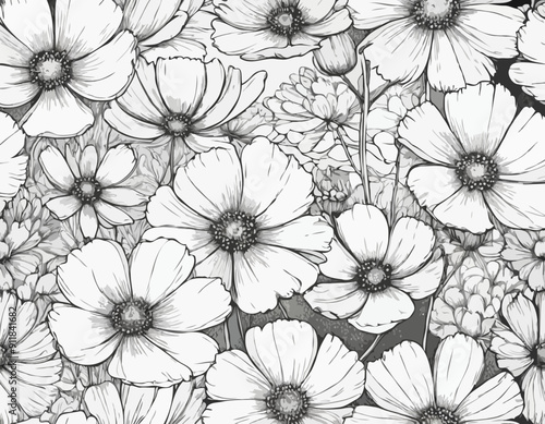 Vector Cosmos floral botanical flowers. Black and white engraved ink art. Isolated cosmea illustration
