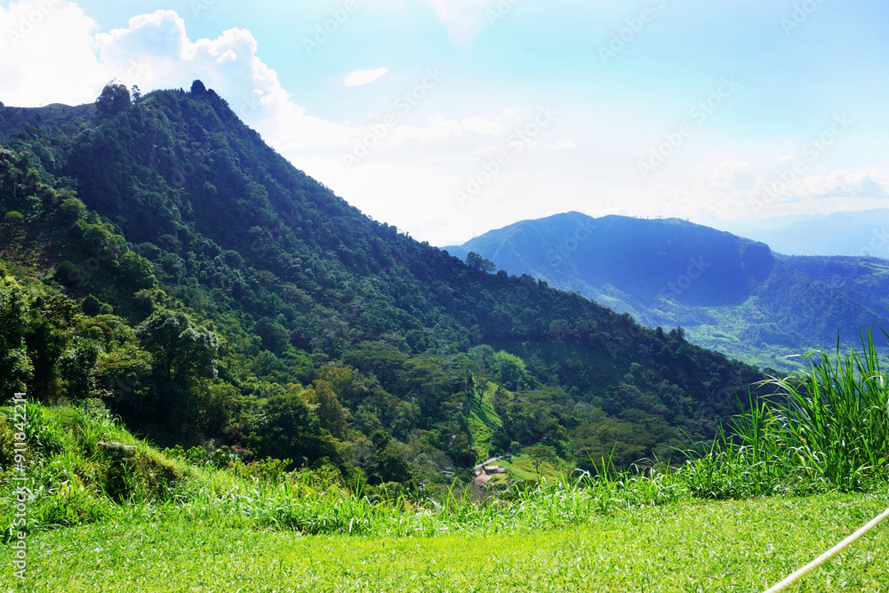 Obraz premium Jericó, Antioquia, Colombia; July 19, 2024: View of the final part of Ecoland's paragliding runway. 