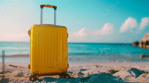 Modern yellow suitcase in the sand, in front of a beach generative ai