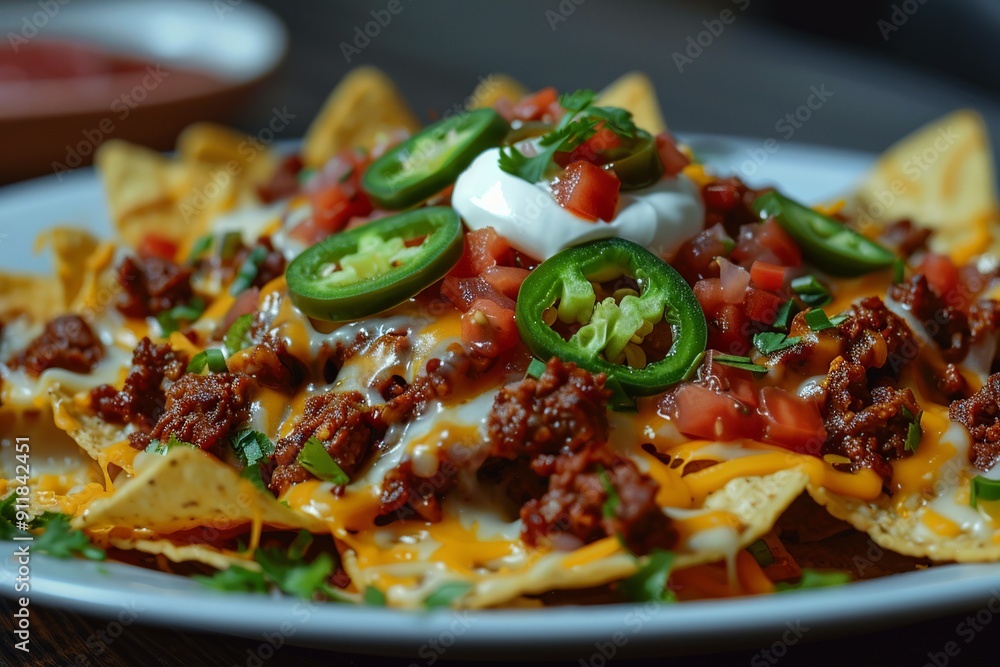 This atmospheric shot highlights the comfort and flavor of Beef Nachos, featuring rich seasoned beef, gooey cheese, spicy jalapenos, zesty salsa, and creamy sour cream on a bed of crispy tortilla chip This atmospheric shot highlights the comfort and flavor of Beef Nachos, featuring rich seasoned beef, gooey cheese, spicy jalapenos, zesty salsa, and creamy sour cream on a bed of crispy tortilla chip
